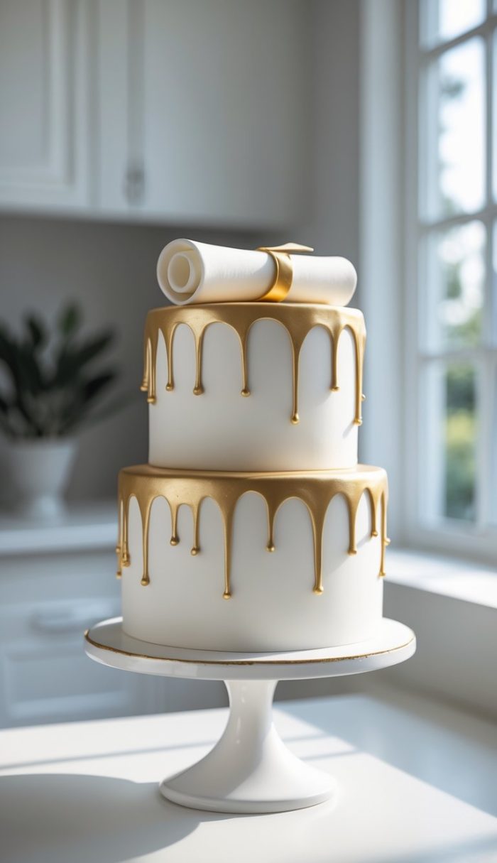 A two-tier white cake with gold drip decoration and a rolled-up white scroll on top, displayed on a white cake stand in a bright kitchen.