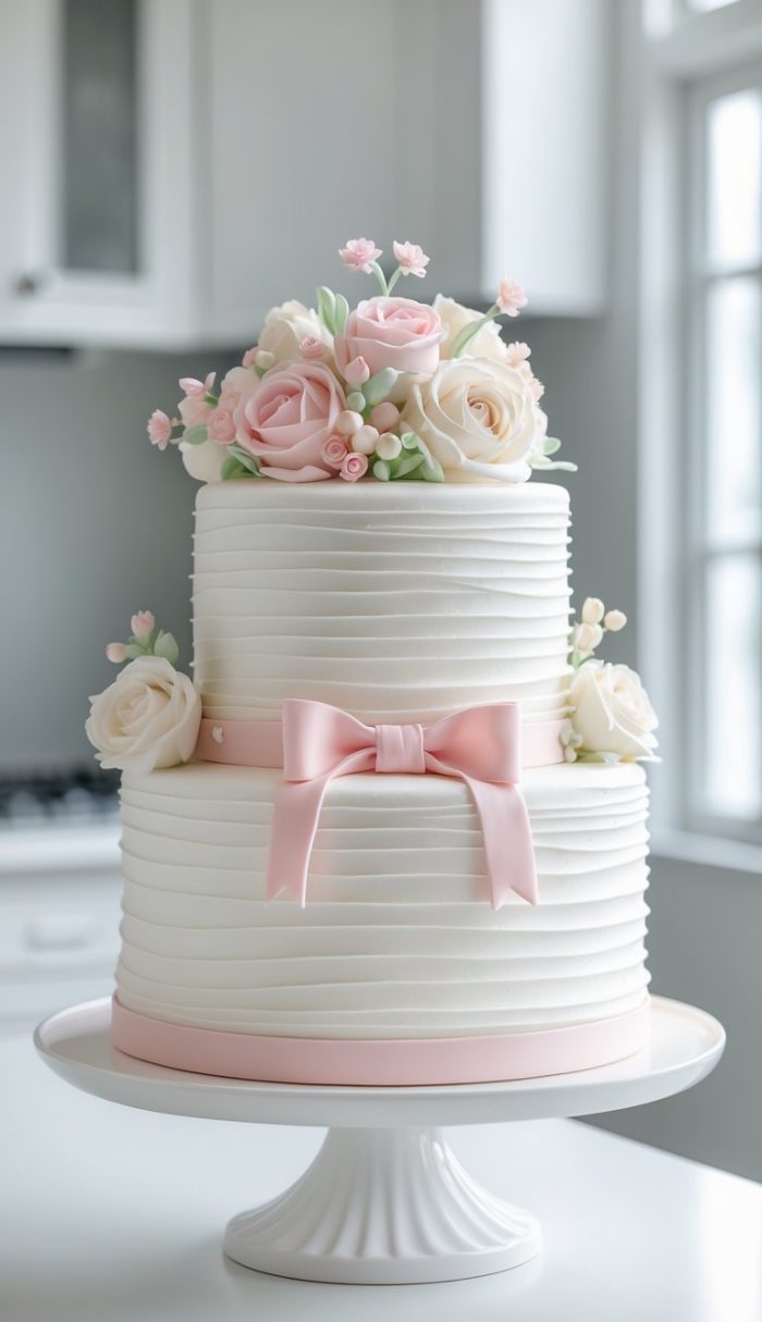 A two-tiered white cake with textured icing, decorated with a pink ribbon and bow at the base, and topped with pastel pink and white sugar roses and small flowers, displayed on a white cake stand in a bright kitchen.