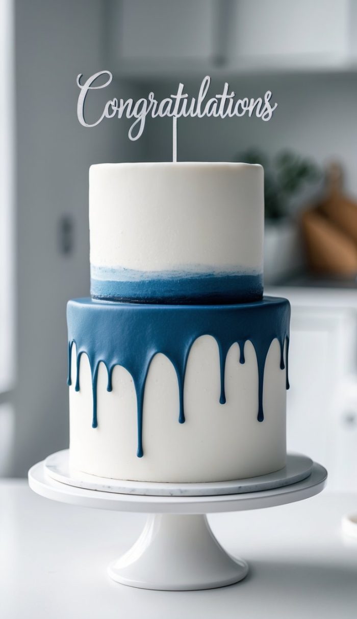 A two-tier white cake with blue icing dripping down the sides of the bottom tier, topped with a sign that says "Congratulations," displayed on a white cake stand in a bright kitchen.