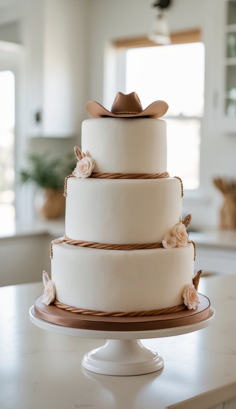 A three-tiered white cake decorated with brown ropes, beige roses, and a brown cowboy hat on top, displayed on a white cake stand in a bright kitchen.