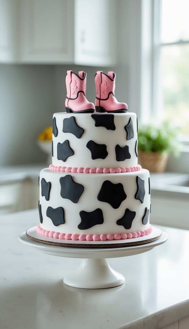 A two-tiered cake with a black and white cow-print pattern, decorated with pink icing trims and topped with a pair of pink cowboy boots, displayed on a cake stand in a bright kitchen.