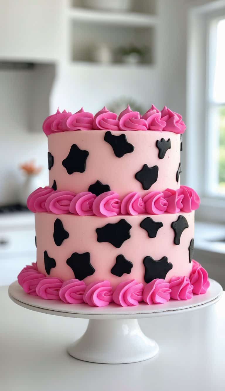 A two-tier cake with pink icing, decorated with black cow spots and pink frosting swirls around each tier, sits on a white cake stand in a bright kitchen.