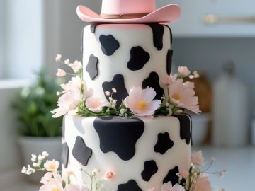 A two-tier cake with black cow spots, decorated with pink flowers and topped with a pink cowboy hat, sits on a white stand in a bright kitchen.