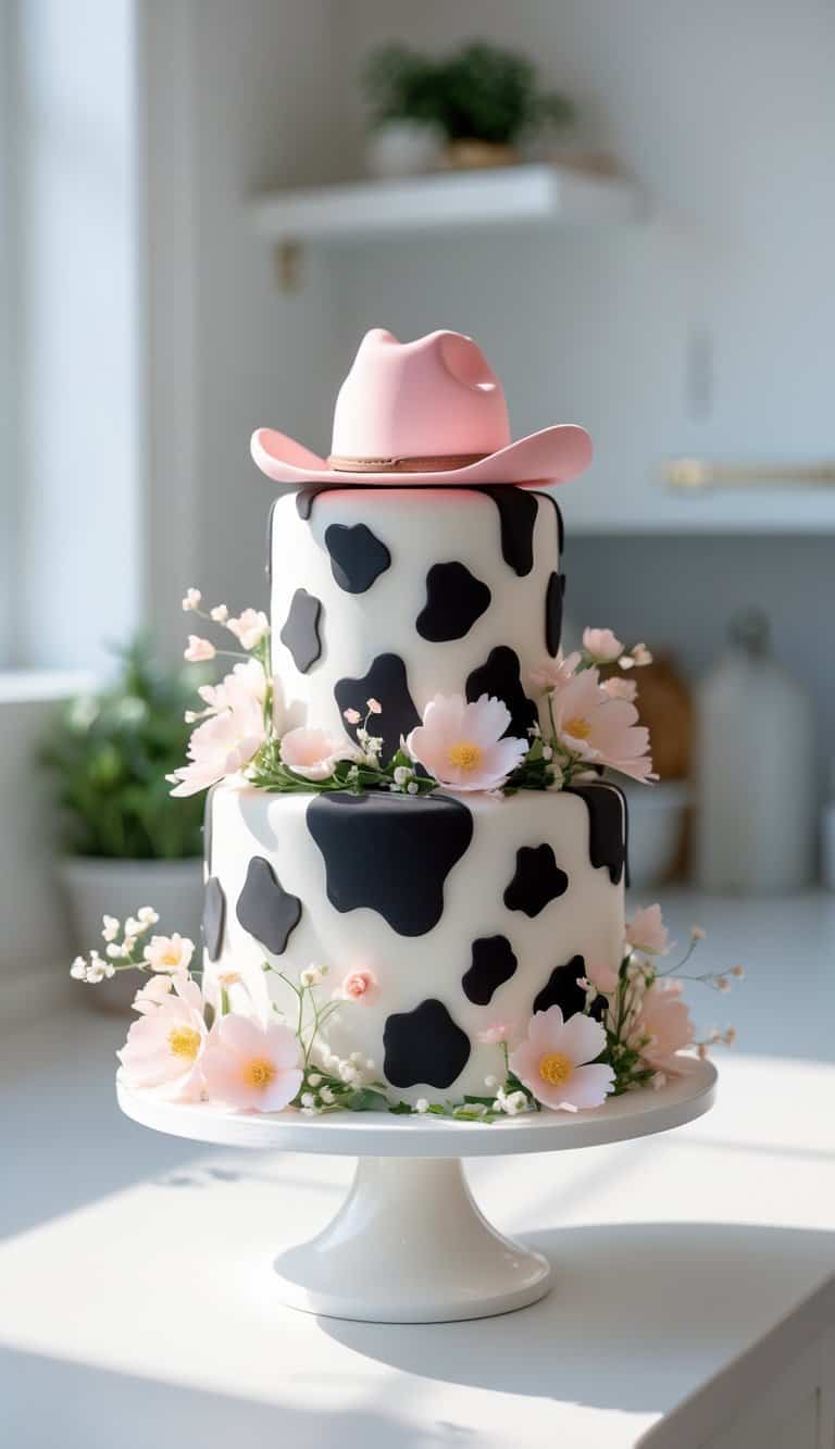 A two-tier cake with black cow spots, decorated with pink flowers and topped with a pink cowboy hat, sits on a white stand in a bright kitchen.