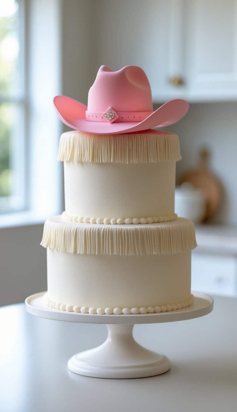 Two-tiered white cake decorated with fondant fringe and pearl-like borders, topped with a pink cowboy hat made of fondant, displayed on a white cake stand in a bright kitchen.