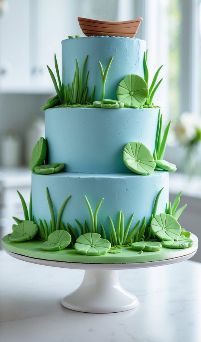 A three-tiered blue cake decorated with green fondant lily pads and grass, topped with a small brown fondant boat, displayed on a white cake stand in a bright kitchen.