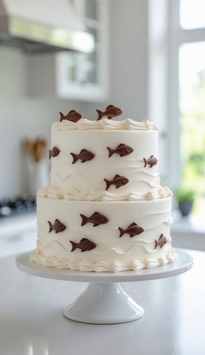A two-tier white cake decorated with chocolate fish and wave-like frosting, displayed on a white cake stand in a bright kitchen.