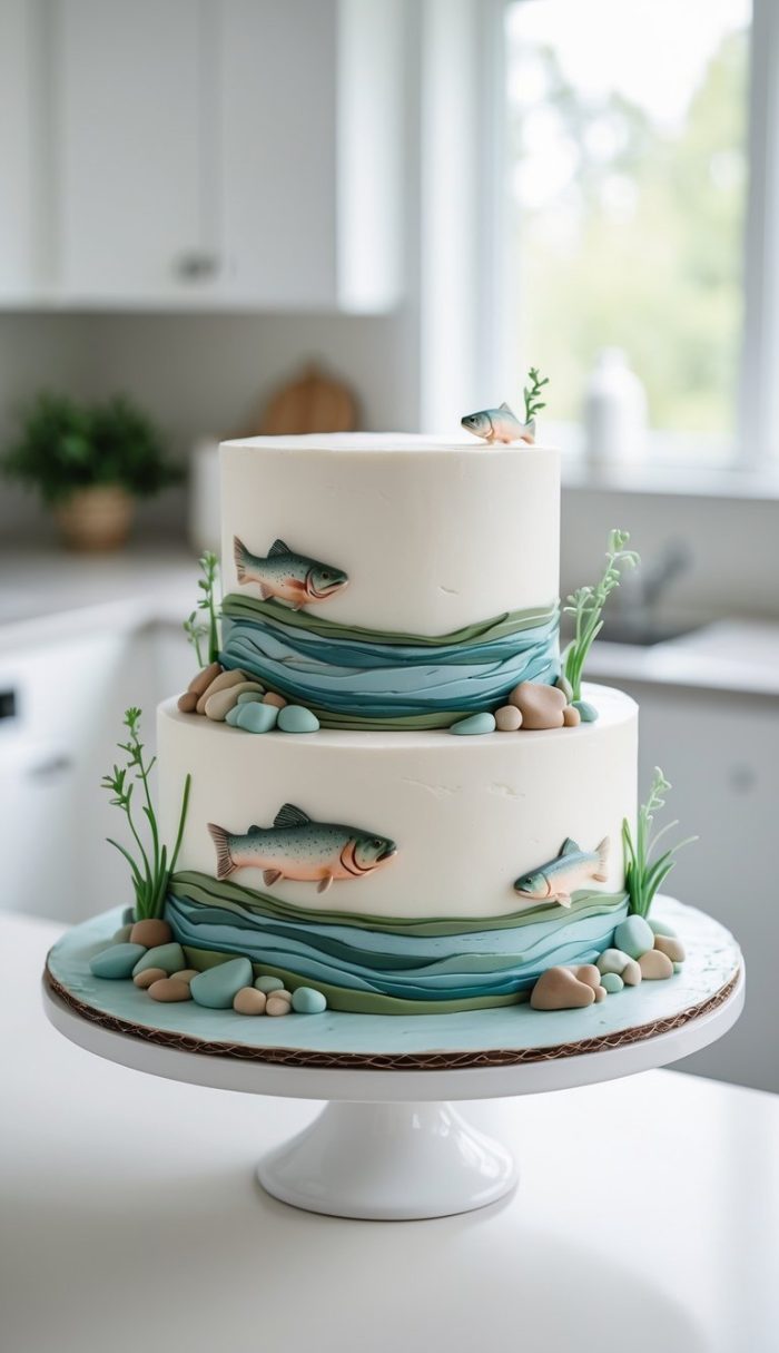 A two-tiered white cake decorated with edible fish, rocks, and green reeds, resembling a river scene, sits on a white cake stand in a bright kitchen.