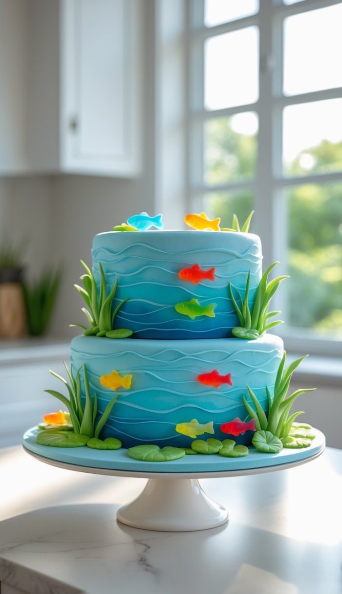 A two-tiered blue cake decorated with colorful fish, green fondant reeds, and lily pads, sits on a white cake stand in a bright kitchen with sunlight streaming through a window.