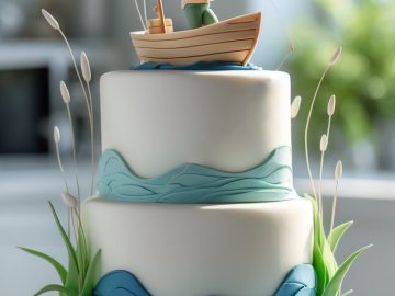 A three-tiered cake decorated with blue waves and green reeds, topped with a figurine of a person fishing from a small boat. The cake is displayed in a bright kitchen setting.