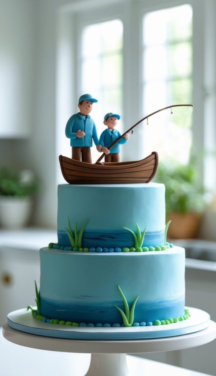 A two-tiered blue cake decorated with fondant grass and water, topped with figures of a man and child fishing from a boat, both wearing blue hats and jackets. The cake sits on a white stand in a bright kitchen.