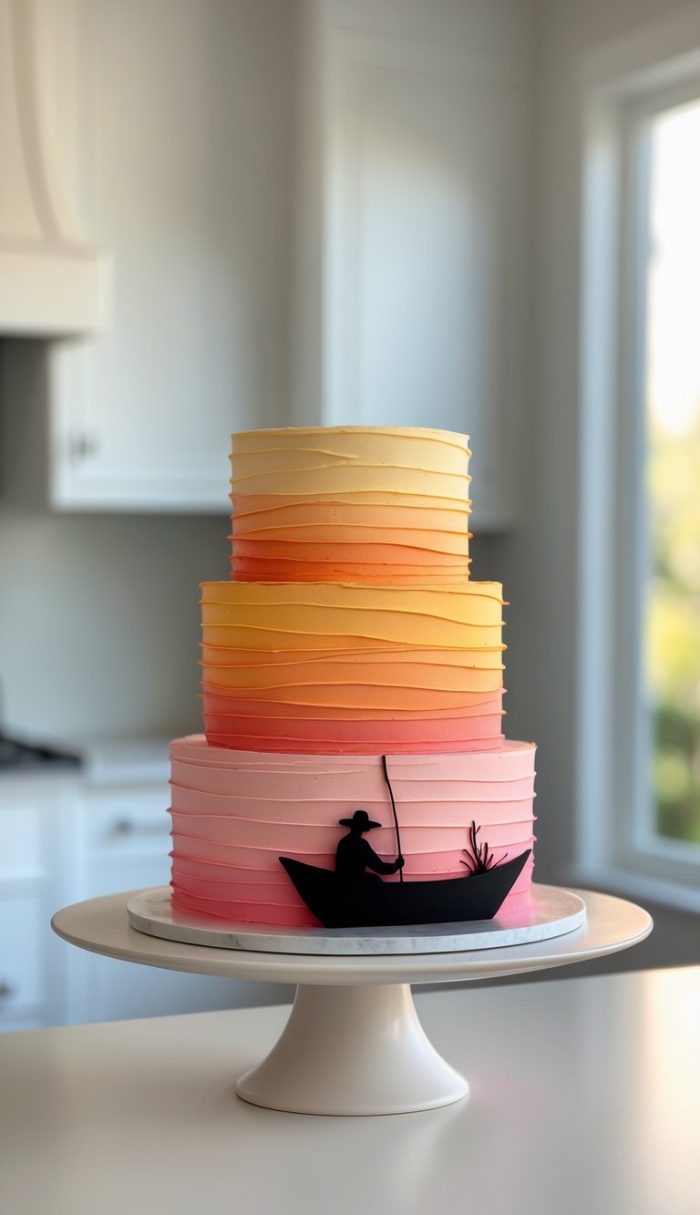 A two-tiered cake with orange, pink, and yellow gradient frosting, resembling a sunset, features a silhouette of a person fishing in a boat on the bottom tier. The cake is displayed in a bright kitchen.