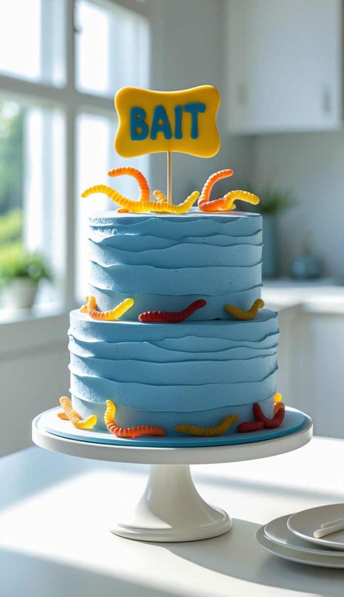 A two-tiered blue cake decorated with gummy worms and a yellow sign on top that reads "BAIT," displayed on a white cake stand in a bright kitchen.
