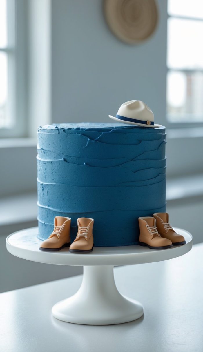A blue frosted cake on a white stand, decorated with a small white hat on top and four mini tan boots around the base. The background shows blurred windows and a light-filled room.