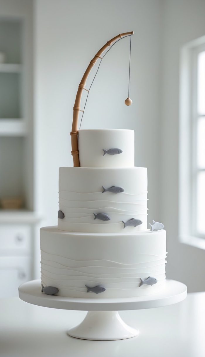 A three-tier white cake decorated with small gray fish and subtle wave patterns, topped with a fishing pole and line, displayed on a white cake stand in a bright room.