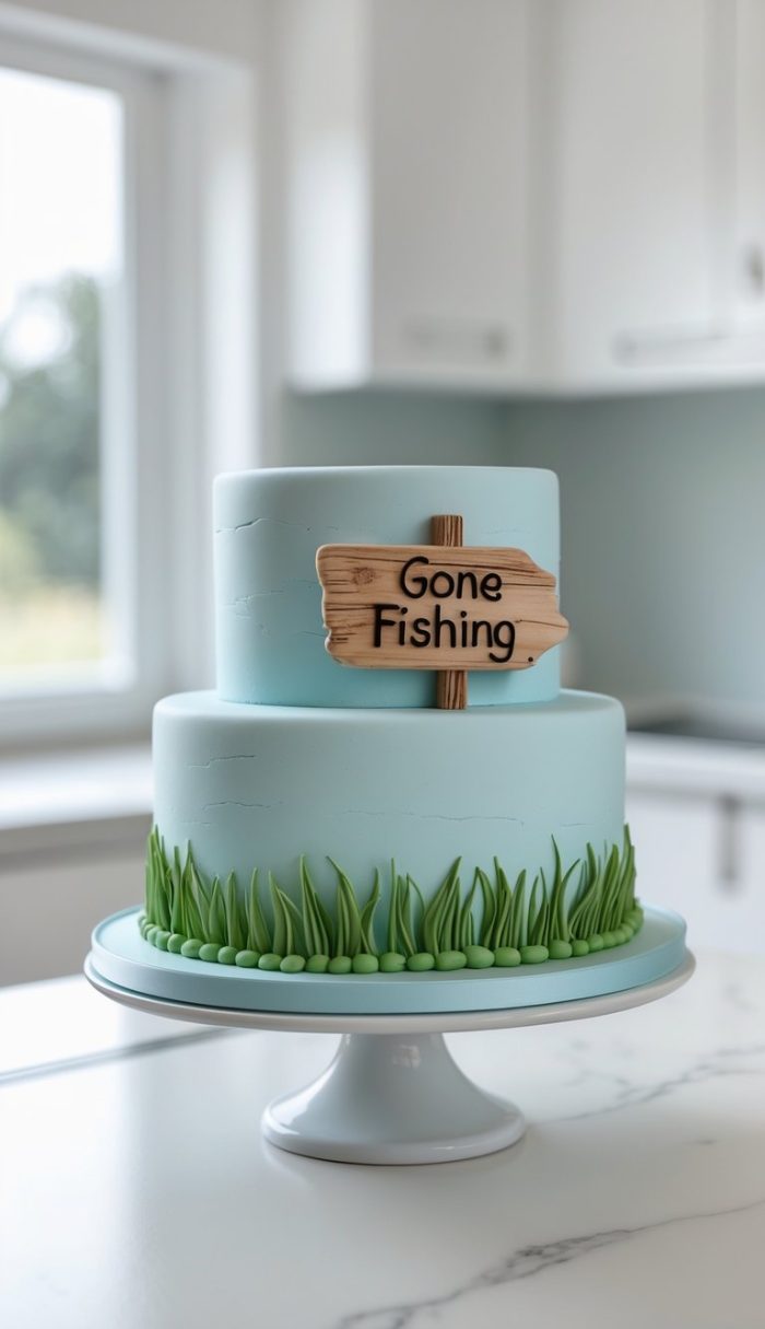 A two-tiered blue cake decorated with green fondant grass at the base and topped with a wooden-style sign that reads "Gone Fishing," displayed on a white cake stand in a bright kitchen.