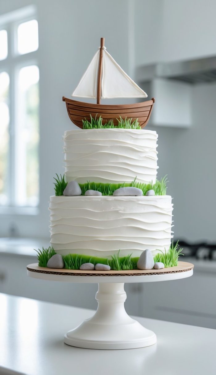 A two-tiered white cake with wavy frosting, decorated with edible grass and gray rocks, topped with a sailboat made of fondant. The cake sits on a white stand in a bright kitchen.