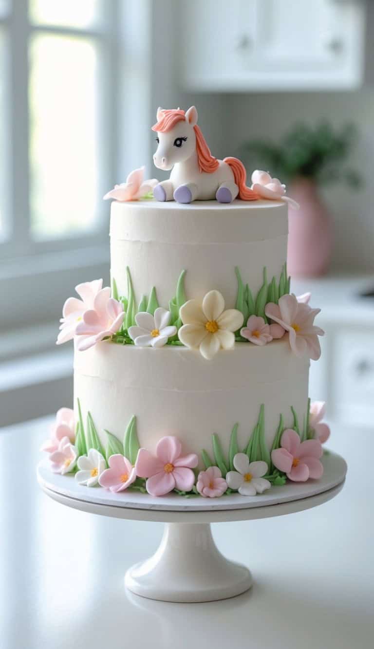 Two-tiered white cake decorated with pastel pink and yellow flowers, green leaves, and topped with a fondant unicorn figure. The cake sits on a white stand in a bright kitchen setting.