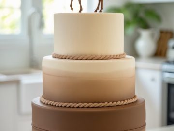 A three-tiered cake with smooth beige and brown icing, decorated with rope-like borders and topped with a chocolate horse figurine, displayed in a bright, modern kitchen.