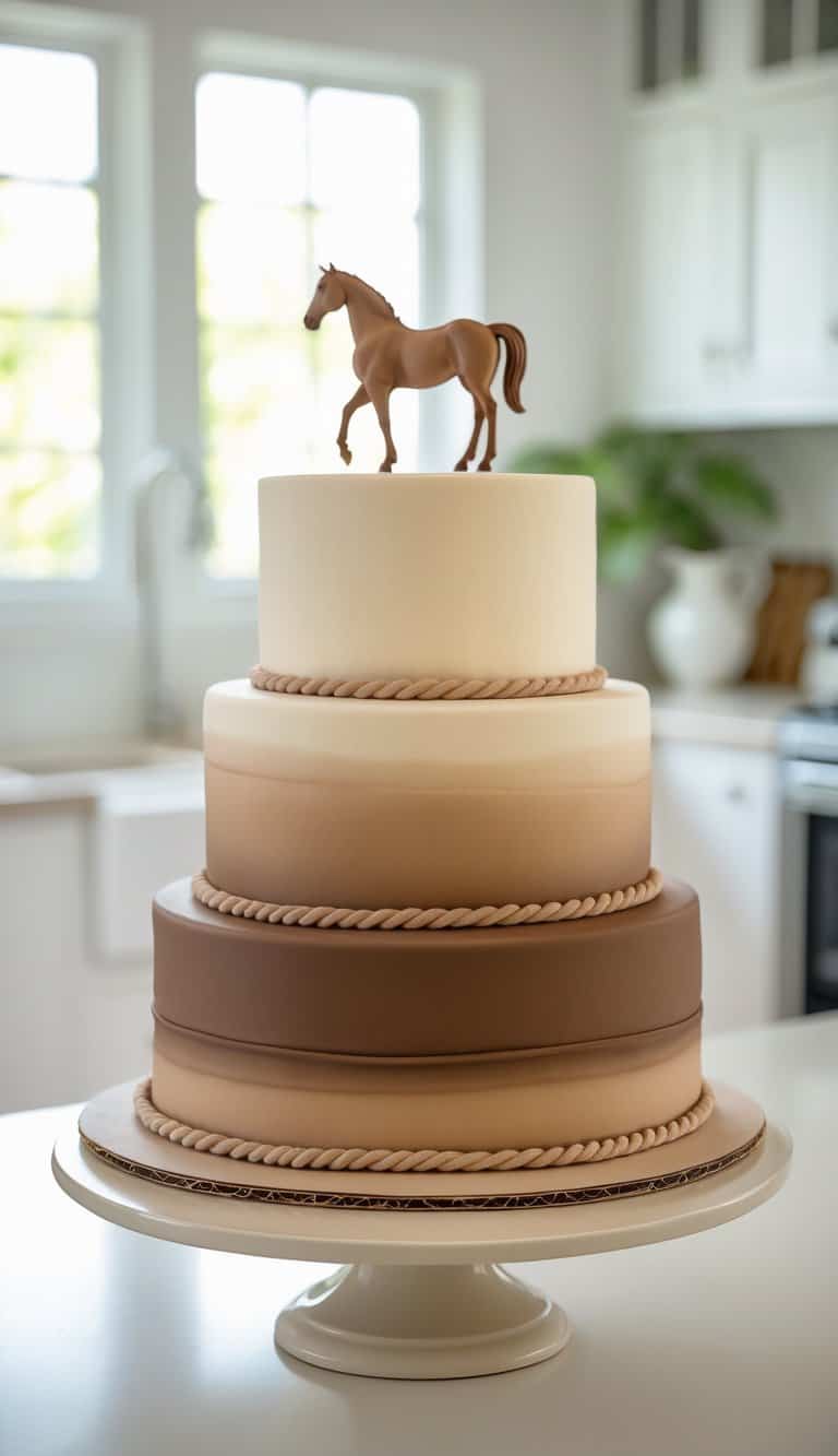 A three-tiered cake with smooth beige and brown icing, decorated with rope-like borders and topped with a chocolate horse figurine, displayed in a bright, modern kitchen.