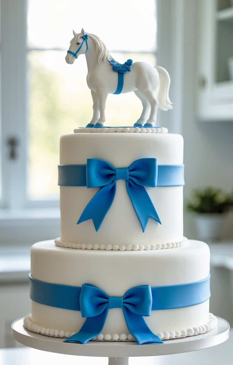 A two-tiered white cake decorated with blue ribbons and bows, topped with a white horse figurine wearing a blue saddle and bridle, displayed on a cake stand in a bright room.