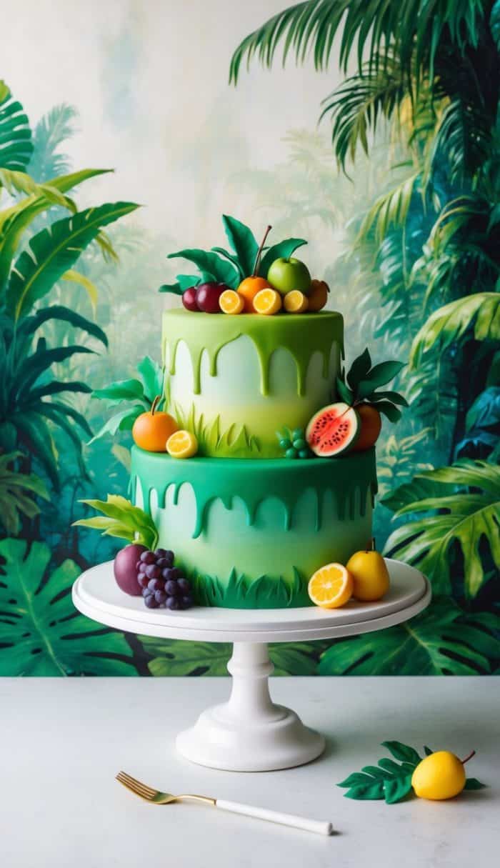 A two-tiered green cake with dripped icing, decorated with realistic fondant fruits and leaves, sits on a white cake stand. A jungle-themed backdrop with lush foliage is in the background. A fork lies nearby.