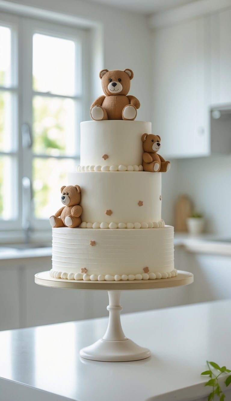 A three-tiered white cake decorated with fondant teddy bears and small beige stars sits on a cake stand in a bright, modern kitchen.