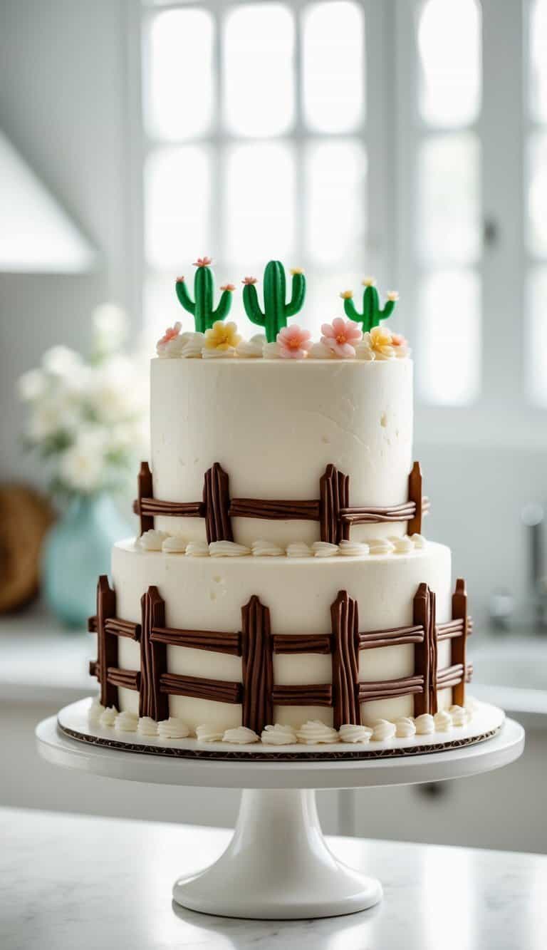 A two-tiered white cake decorated with chocolate fences and topped with cactus and flower decorations, displayed on a white cake stand in a bright kitchen.