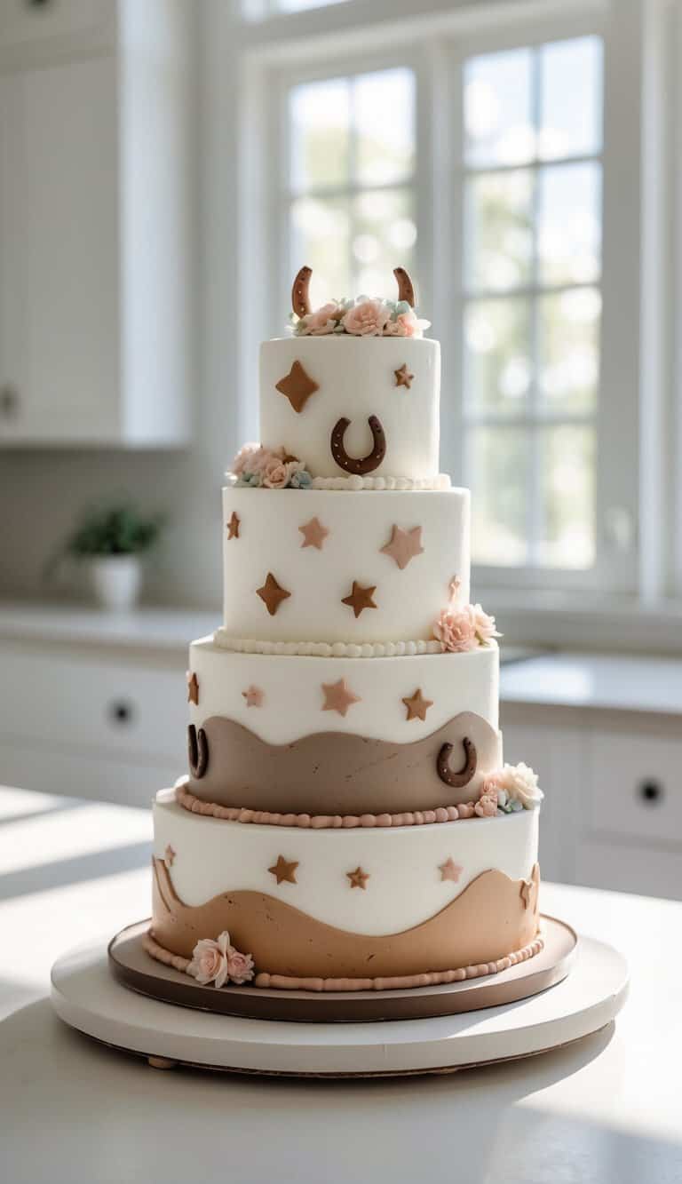 A four-tiered cake decorated with brown and white fondant, cowboy hats, horseshoes, stars, and small pink flowers, sits on a white platter in a bright, modern kitchen.