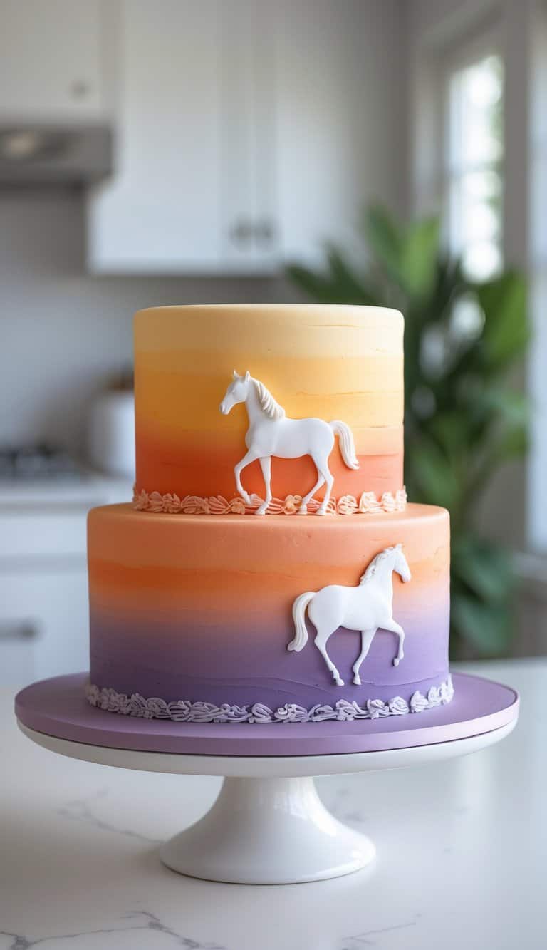 A two-tiered cake with orange and purple ombre frosting, decorated with white horse silhouettes and floral accents, sits on a white cake stand in a bright kitchen.