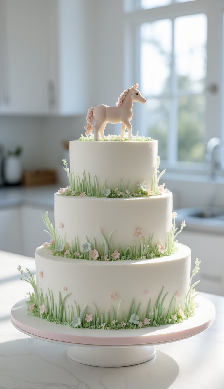A three-tiered white cake decorated with green grass and small pink flowers, topped with a unicorn figurine, sits on a white stand in a sunlit kitchen.