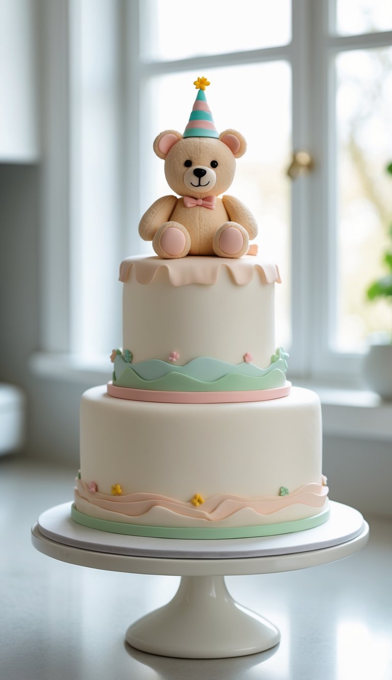 A two-tiered pastel cake with wavy icing borders, decorated with small fondant balls, topped with a cute teddy bear wearing a party hat, displayed on a white cake stand by a bright window.