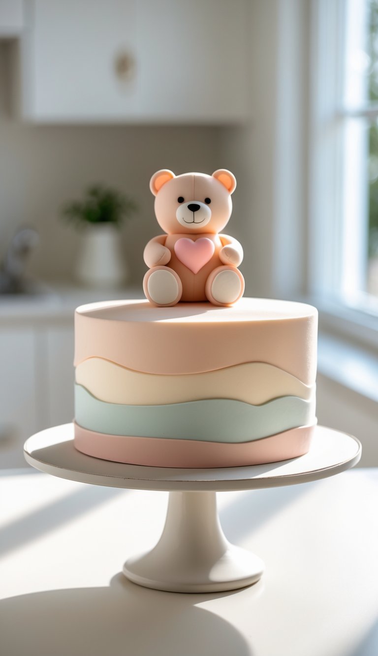 A pastel-colored cake with smooth, wavy layers sits on a white stand. A fondant teddy bear holding a heart decorates the top. The background shows a bright, modern kitchen.