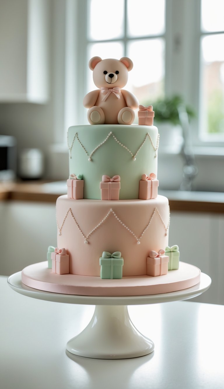 A three-tier pastel cake with a fondant teddy bear on top, decorated with small wrapped gift boxes and pearl-like icing, displayed on a white cake stand in a bright kitchen.