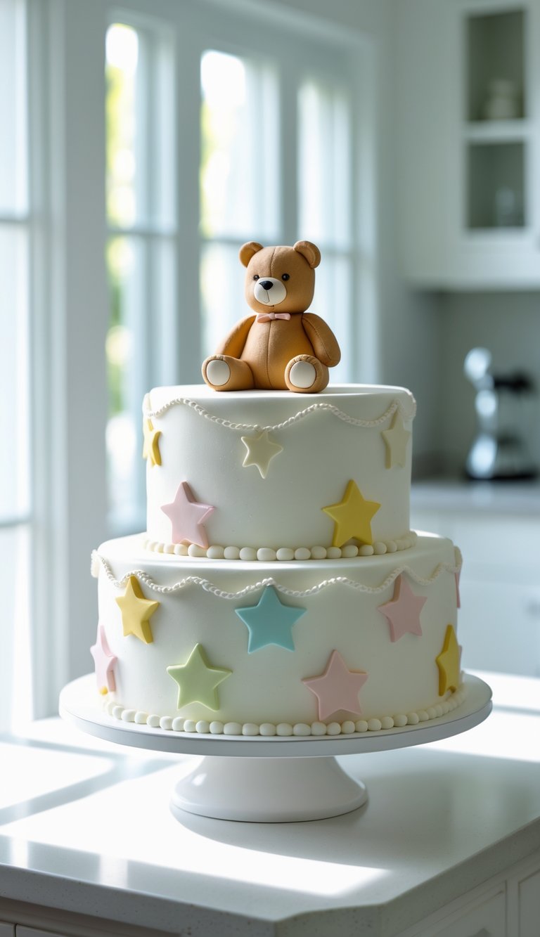 A two-tier white cake decorated with pastel-colored stars and pearl-like borders, topped with a small brown teddy bear figurine, displayed on a white cake stand in a bright kitchen.