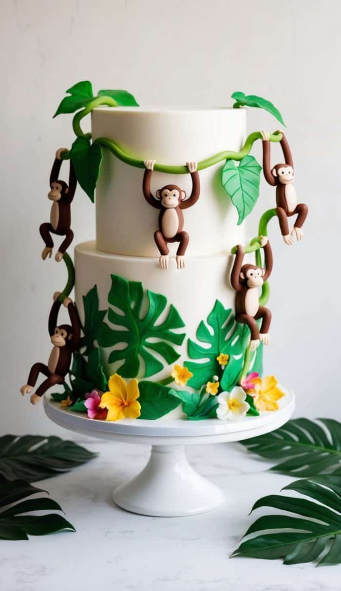 A two-tiered white cake decorated with edible monkeys hanging from green vines and large tropical leaves, with colorful flowers at the base, displayed on a white cake stand.