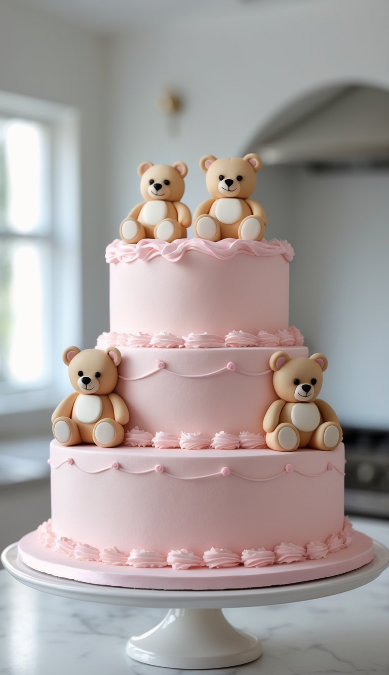 A two-tier pink cake decorated with piped icing and topped with four fondant teddy bears, displayed on a white cake stand in a bright kitchen.