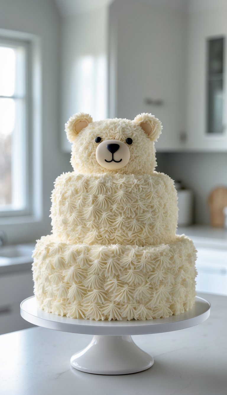 A two-tiered cake decorated with white, textured icing to resemble a teddy bear's face and ears, displayed on a white cake stand in a bright kitchen.