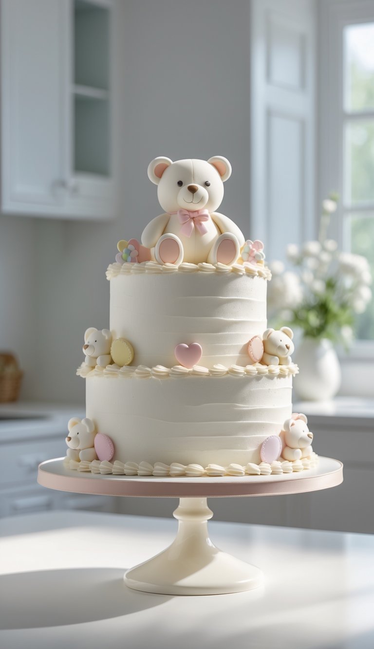 A two-tier white cake decorated with pastel hearts, small bear figures, and topped with a large smiling teddy bear, displayed on a cake stand in a bright, modern kitchen.