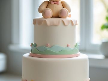 A two-tiered pastel cake with decorative icing and a fondant teddy bear wearing a party hat on top, displayed on a white cake stand in a bright room.