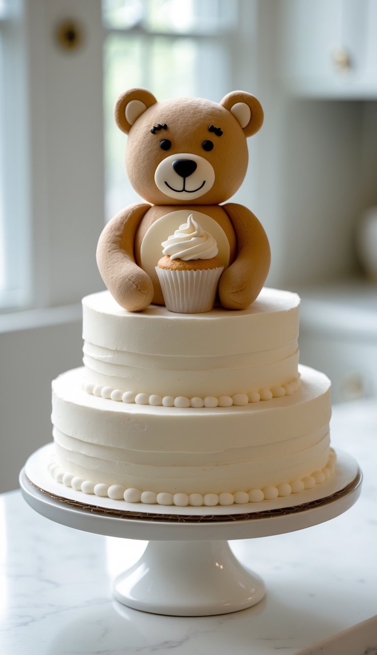 A two-tiered white cake decorated with pearl-like icing borders, topped with a fondant teddy bear holding a cupcake, displayed on a white cake stand in a bright kitchen.