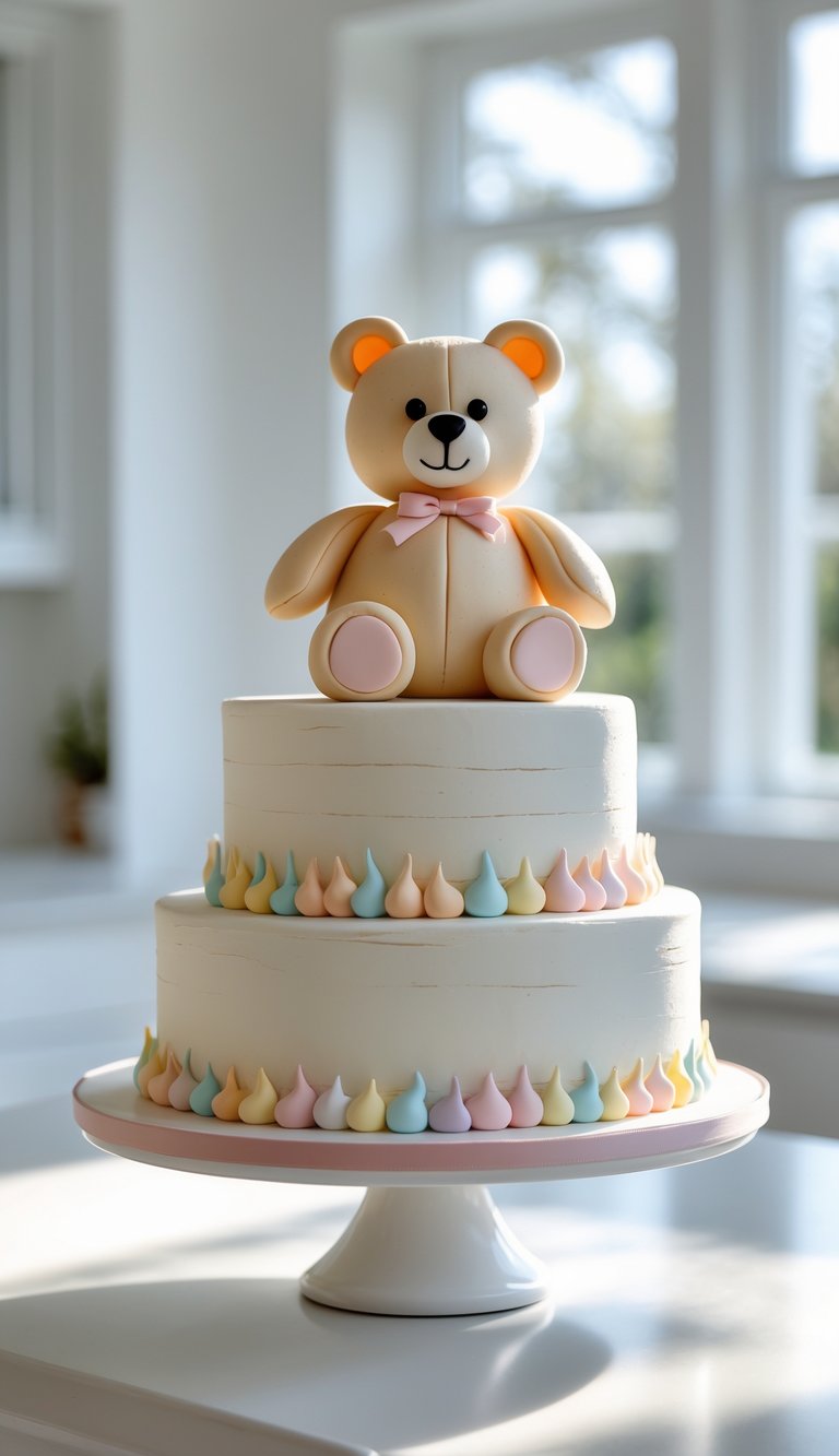 A two-tiered white cake decorated with pastel-colored frosting drops and topped with a fondant teddy bear, displayed on a white cake stand in a bright, sunlit room.