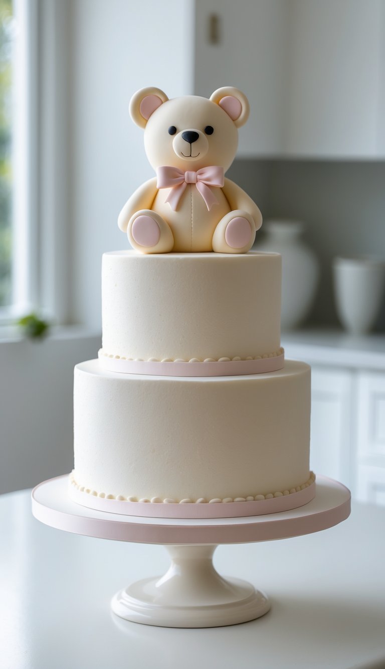 A two-tier white cake with pale pink trim, topped with a fondant teddy bear wearing a pink bow, sits on a white cake stand in a bright kitchen.