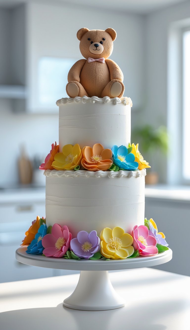 A cake with a teddy bear on top.