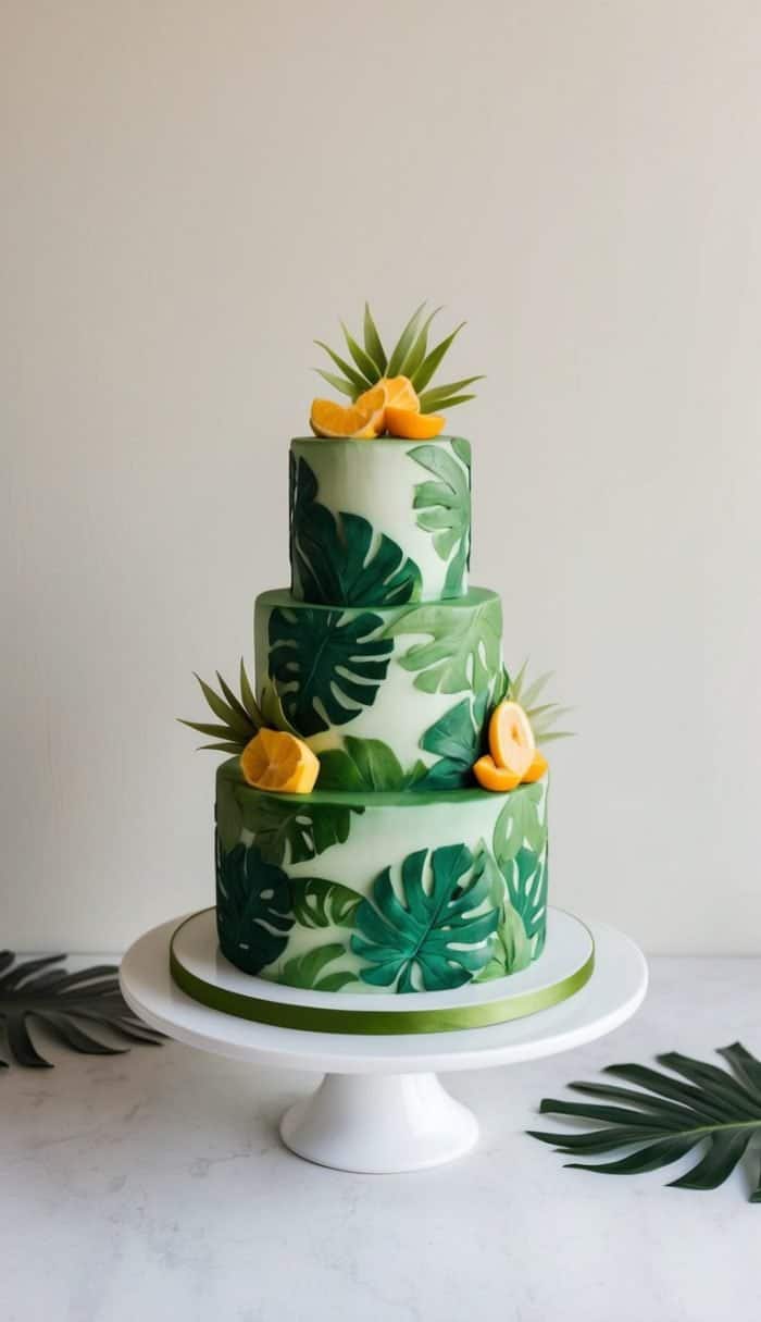 A three-tiered cake decorated with green tropical leaf patterns and topped with bright yellow fruit slices, displayed on a white cake stand with green leaves around the base.