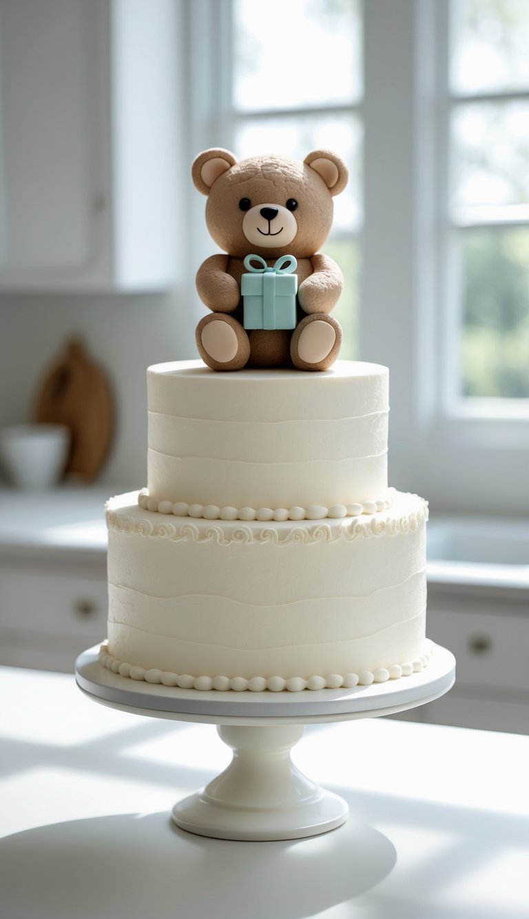 A two-tiered white cake with smooth frosting, decorated with a border of small icing pearls. A fondant teddy bear holding a blue gift box sits on top. The cake is displayed on a stand in a bright kitchen.