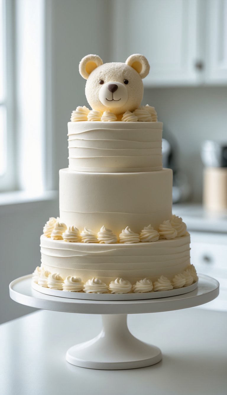A two-tiered white cake decorated with piped frosting and topped with a cute bear face made of icing, displayed on a white cake stand in a bright kitchen.