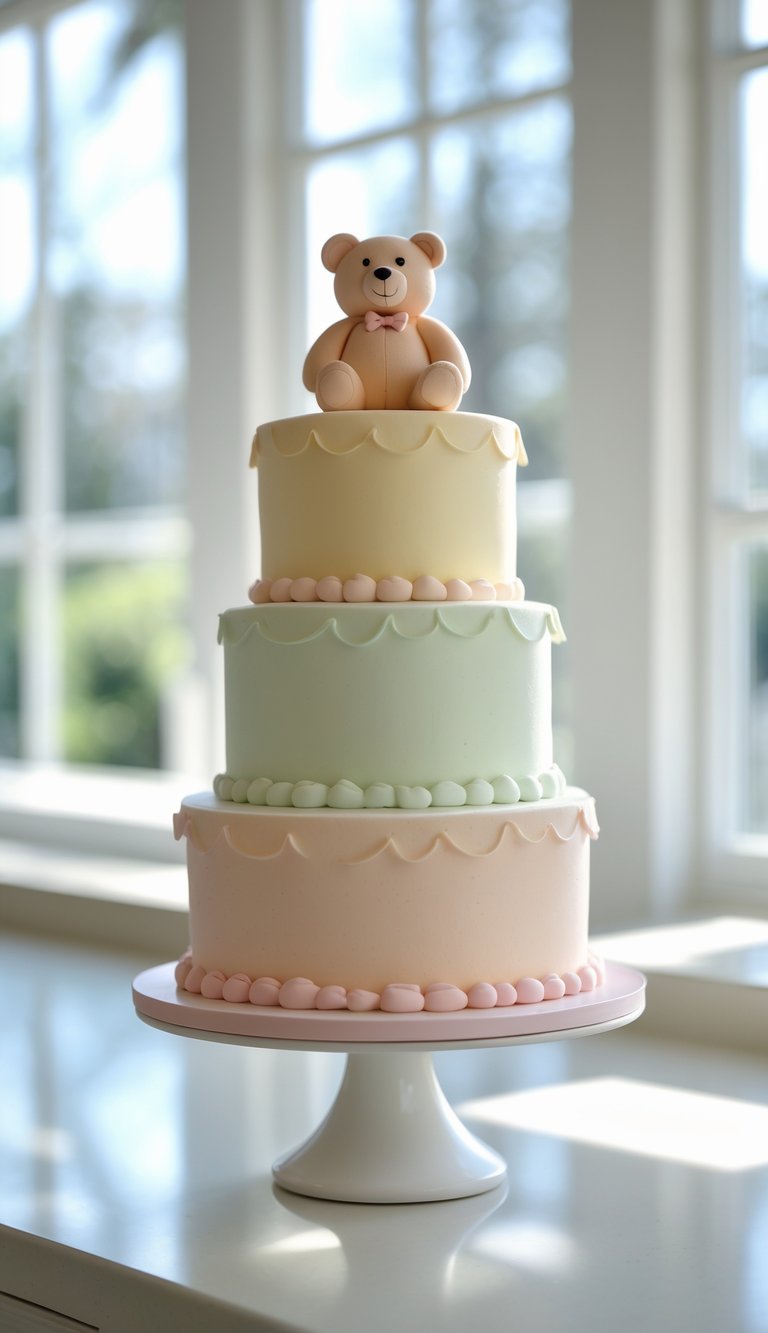 Three-tier pastel cake with scalloped edges and round decorations, topped with a fondant teddy bear, displayed on a white cake stand by a sunlit window.