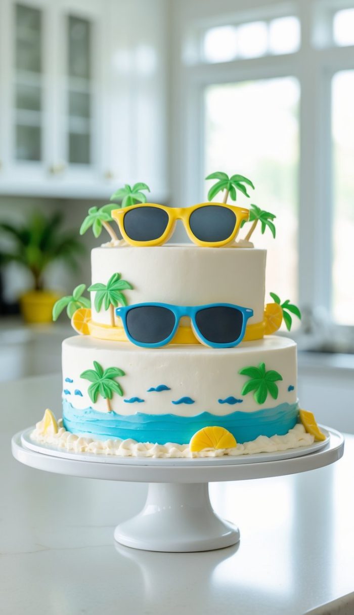 A two-tiered white cake decorated with palm trees, lemon slices, blue waves, and fondant sunglasses, sitting on a white stand in a bright kitchen.
