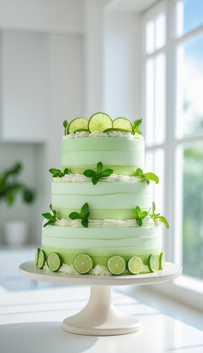 A three-tiered green and white cake decorated with lime slices and mint leaves sits on a white cake stand in a bright, sunlit kitchen.